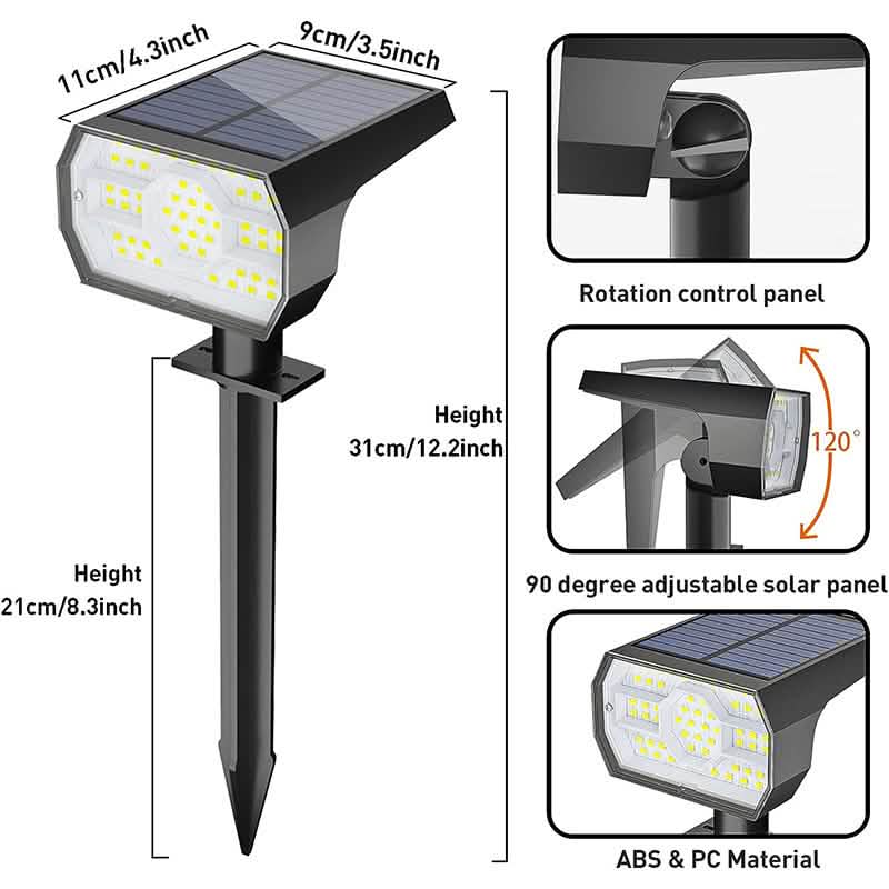 Dimensions and the adjustable head and solar panel