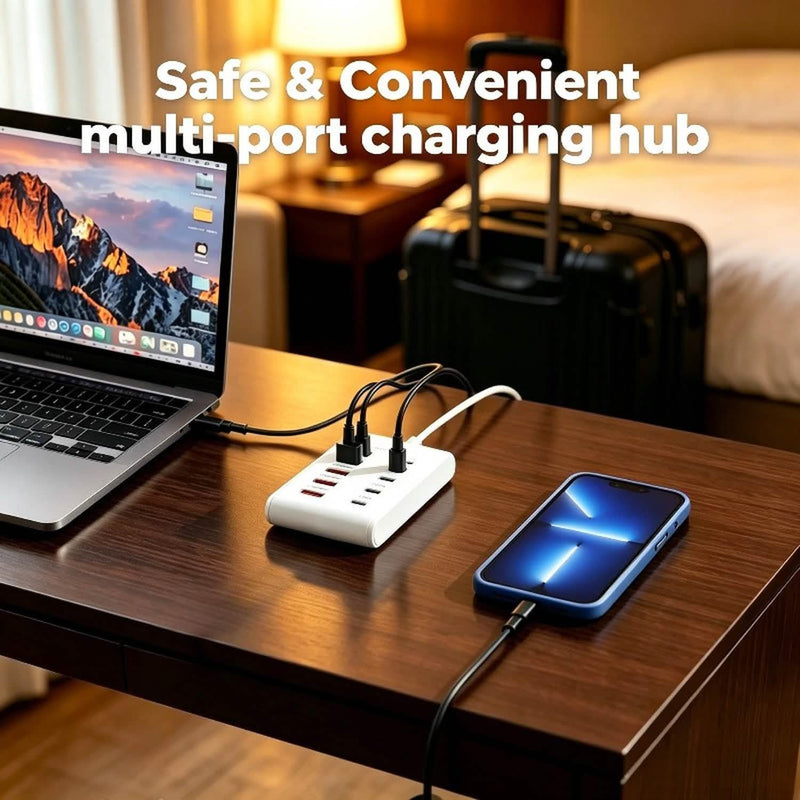 Charging station on a hotel desk with a laptop and phone