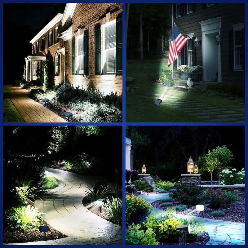 Spotlights uplighting a house, a flag, a path and a garden
