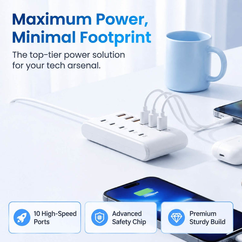 Compact charging station on a desk with several cables connected