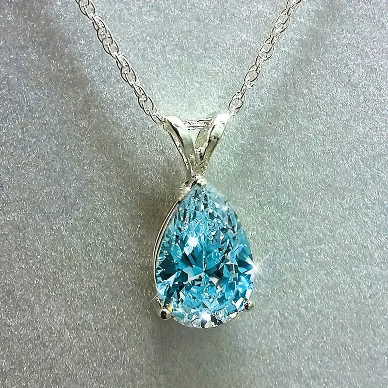 Teardrop Shaped Zirconia Pendant Copper Necklace Necklaces Blue - DailySale