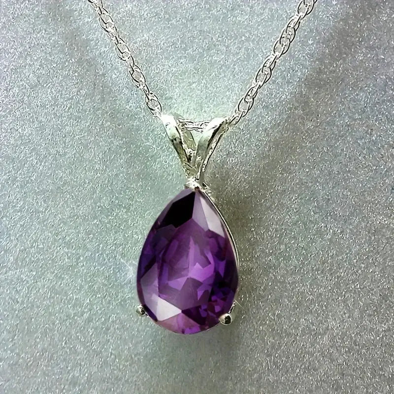 Teardrop Shaped Zirconia Pendant Copper Necklace Necklaces Purple - DailySale