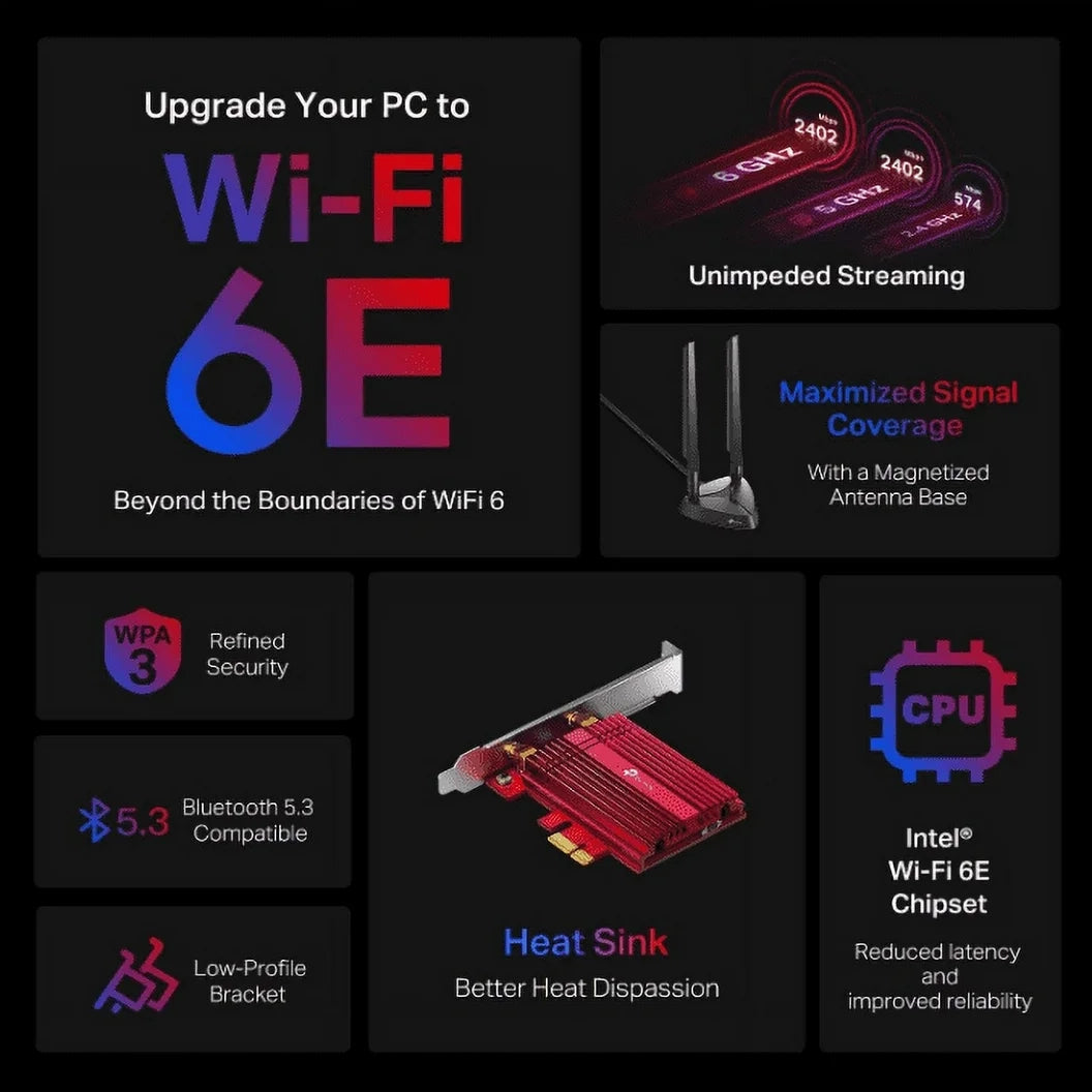 TP-Link WiFi 6E AX5400 PCIe WiFi Card (Archer TXE75E), Tri Band Wireless Adapter with Bluetooth 5.3, WPA3, MU-MIMO, OFDMA, Heat Sink, Low-Profile Bracket, Supports Windows 11, 10 (64bit) Computer Accessories - DailySale