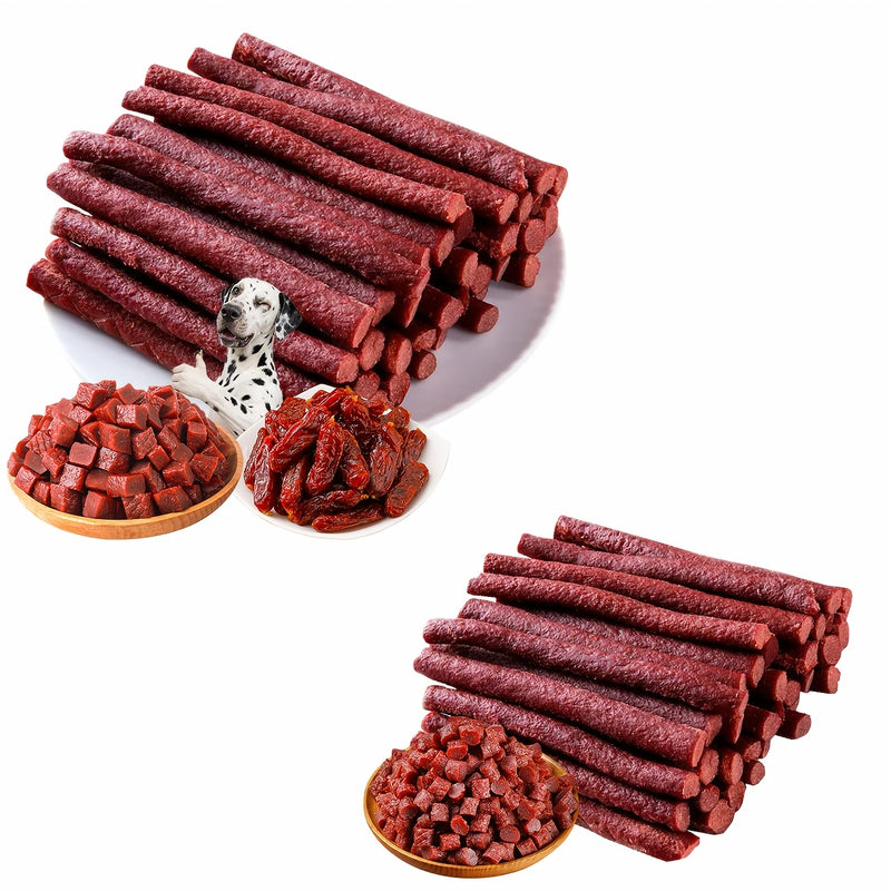 Jerky dog treat sticks and cubes arranged on a white background