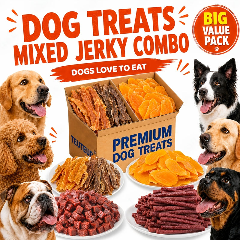 Range of jerky dog treat shapes: sticks, cubes, strips and slices