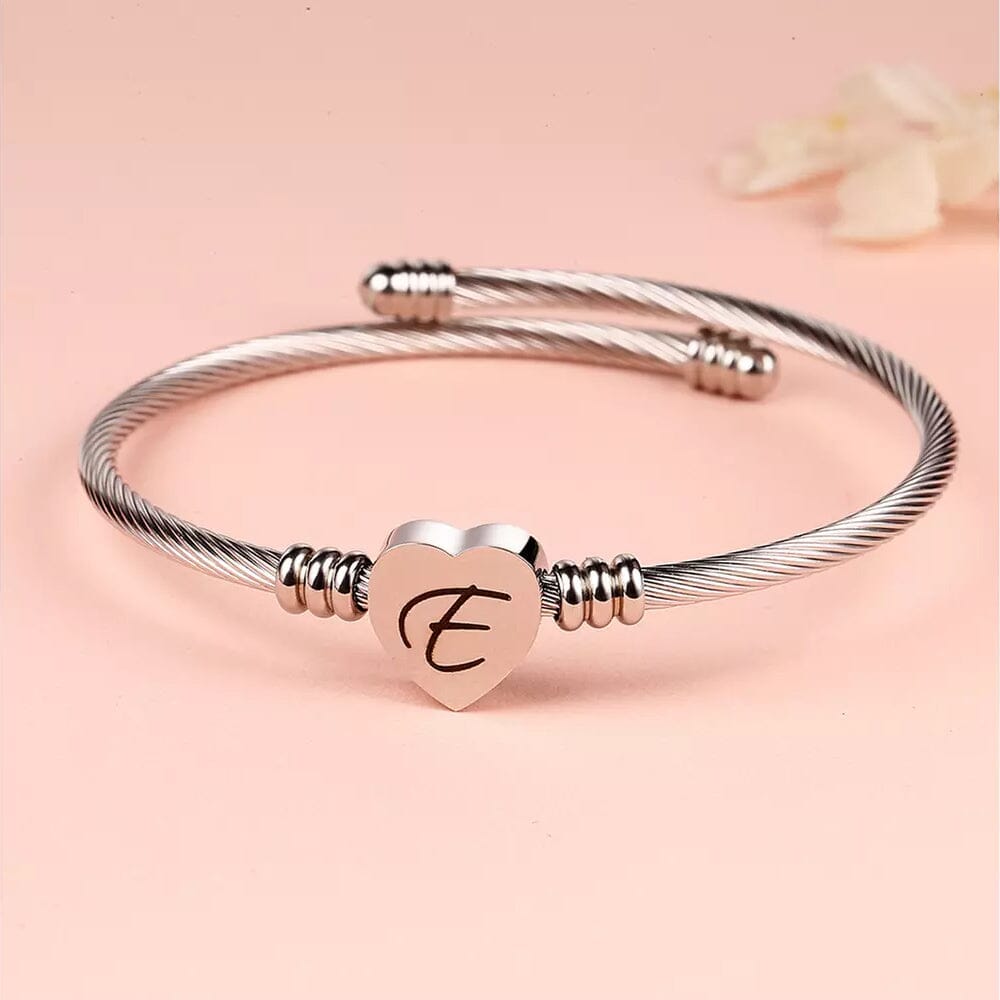 Twisted Steel Heart Cable Initial Bracelet Bracelets E - DailySale