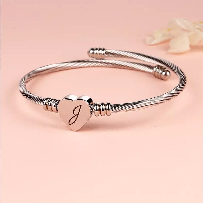 Twisted Steel Heart Cable Initial Bracelet Bracelets J - DailySale