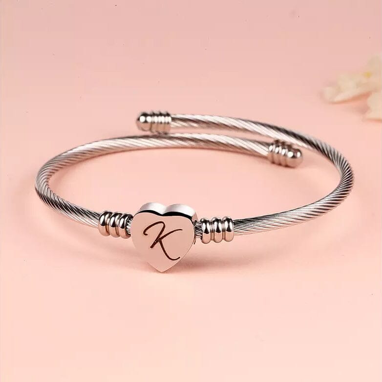 Twisted Steel Heart Cable Initial Bracelet Bracelets K - DailySale