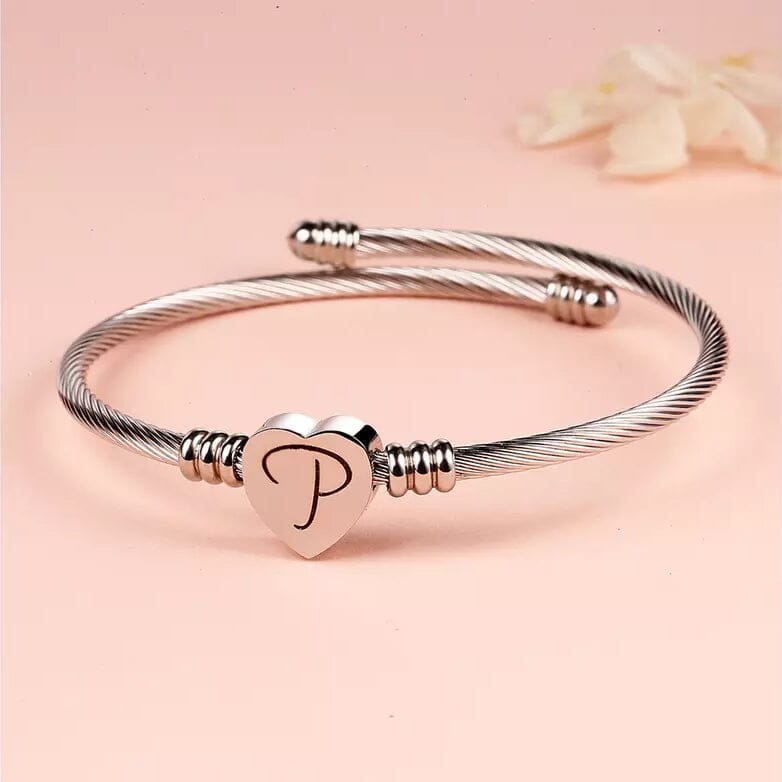 Twisted Steel Heart Cable Initial Bracelet Bracelets P - DailySale