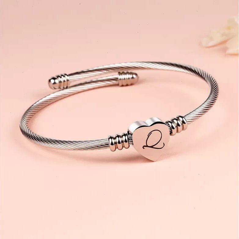 Twisted Steel Heart Cable Initial Bracelet Bracelets Q - DailySale