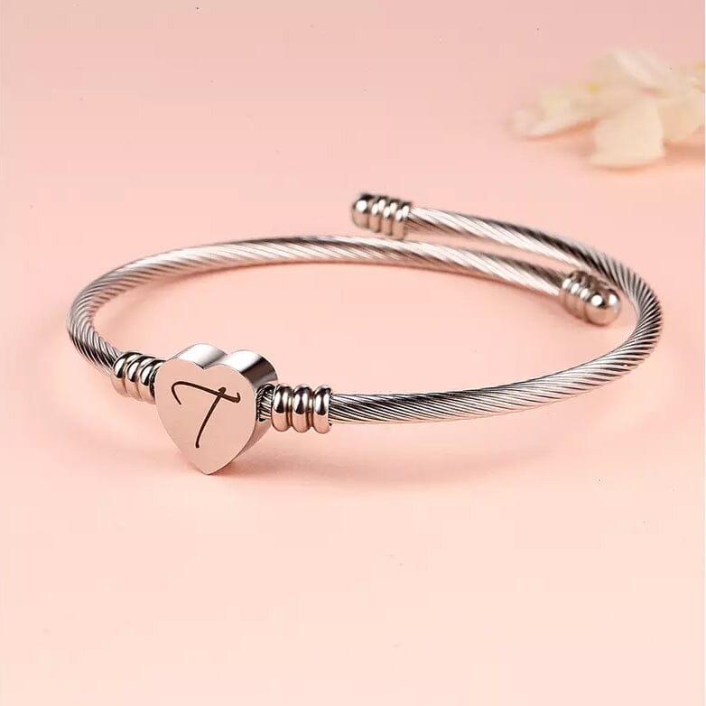 Twisted Steel Heart Cable Initial Bracelet Bracelets T - DailySale