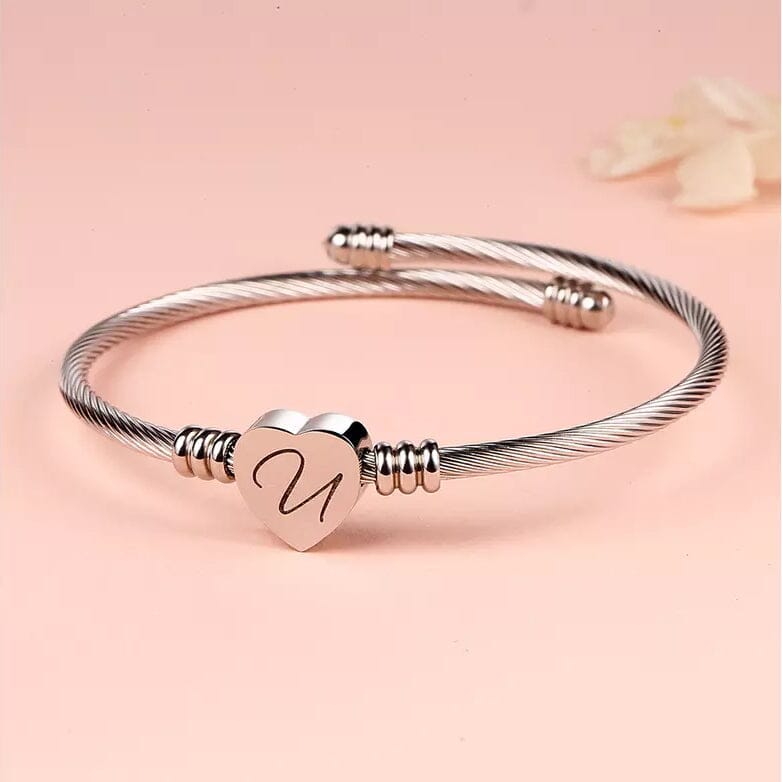 Twisted Steel Heart Cable Initial Bracelet Bracelets U - DailySale