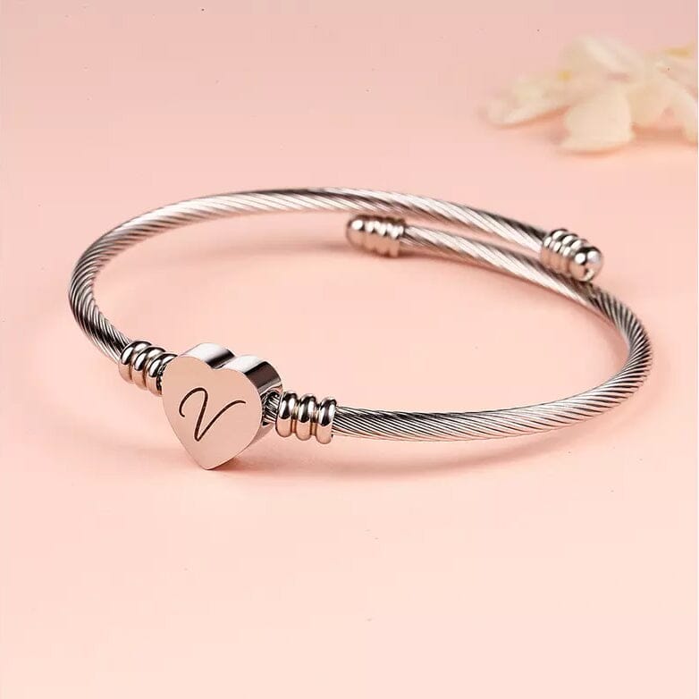 Twisted Steel Heart Cable Initial Bracelet Bracelets V - DailySale