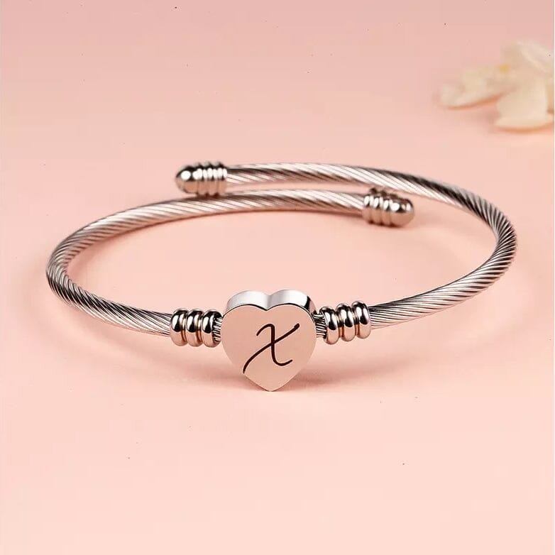 Twisted Steel Heart Cable Initial Bracelet Bracelets X - DailySale