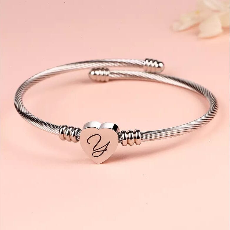 Twisted Steel Heart Cable Initial Bracelet Bracelets Y - DailySale