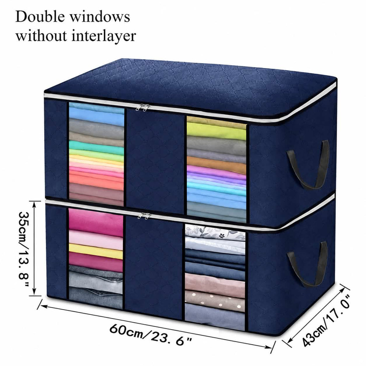 Navy blue 90 liter clothes and blanket storage bag with clear windows
