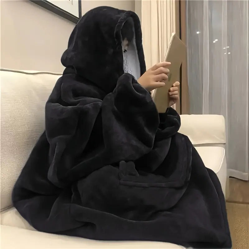 Ultra-Soft Sherpa Fleece Hoodie Blanket - Cozy Oversized Wearable Snuggle Sweatshirt Women's Loungewear Black - DailySale