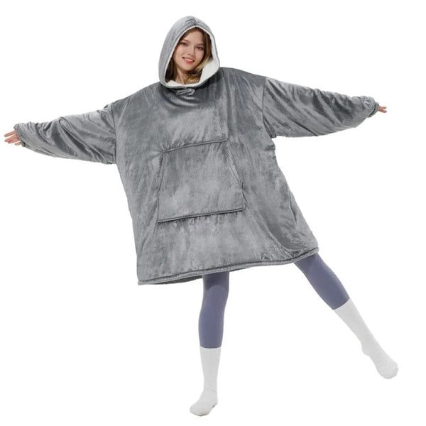 Unisex Sherpa Lined Wearable Hooded Blanket Women's Loungewear Gray - DailySale