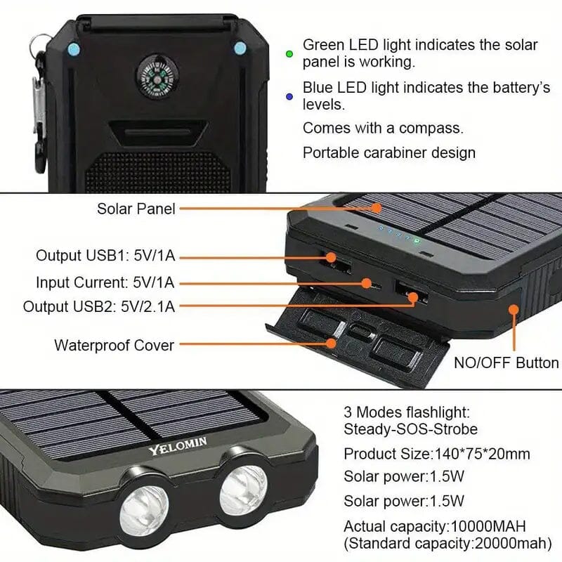 USB Portable Charger 10000mAh Solar Power Bank for Cell Phone and Laptops Mobile Accessories - DailySale