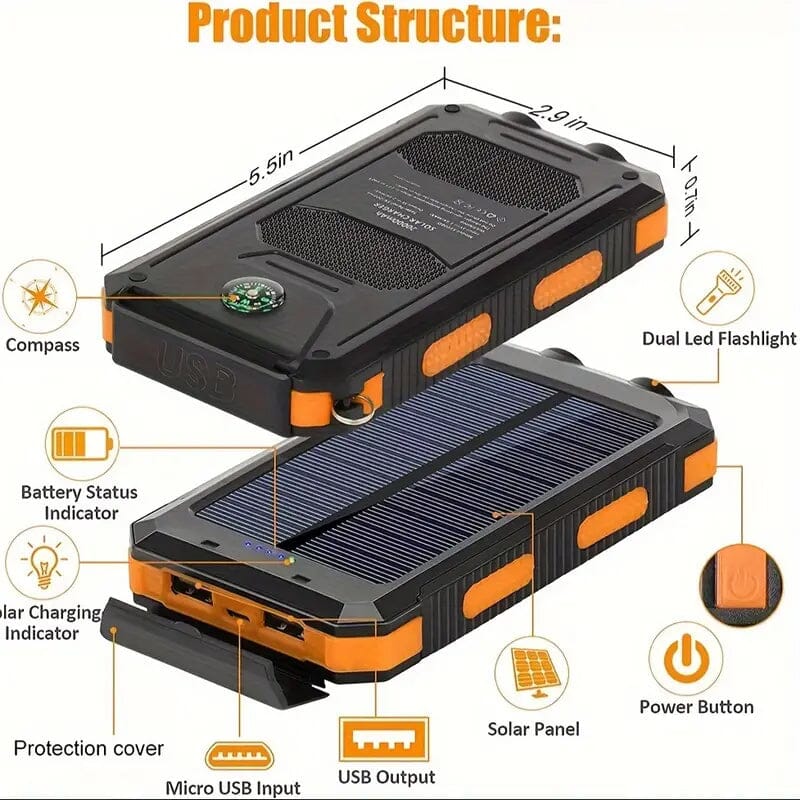 USB Portable Charger 10000mAh Solar Power Bank for Cell Phone and Laptops Mobile Accessories - DailySale