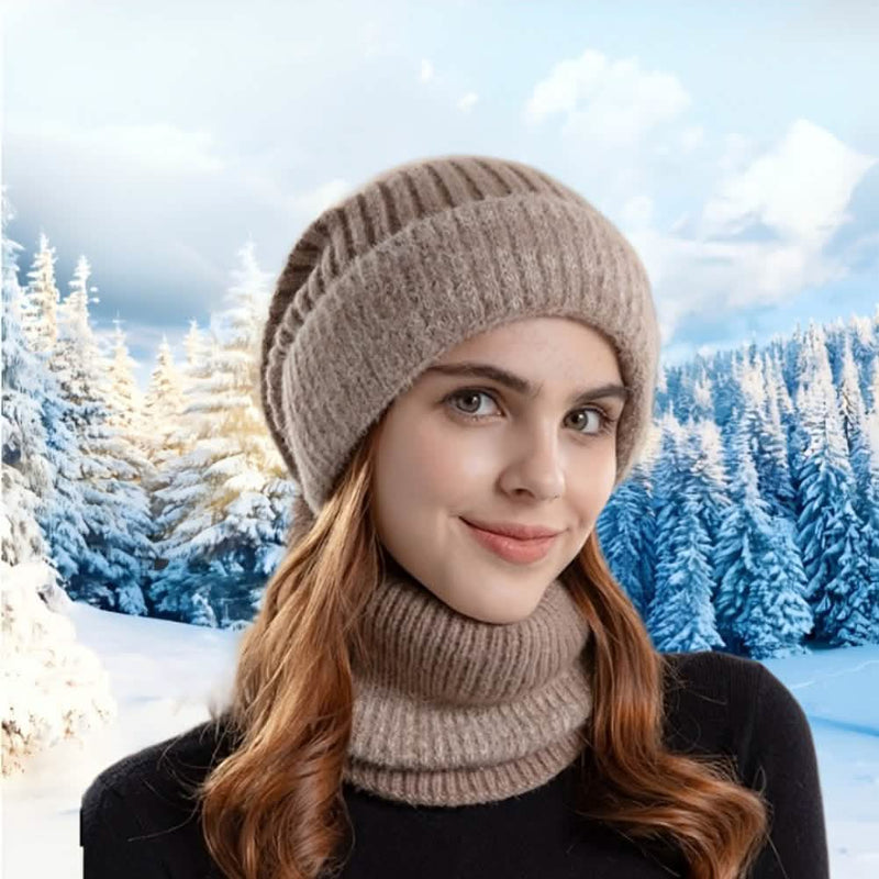 Khaki knit beanie and neck scarf set