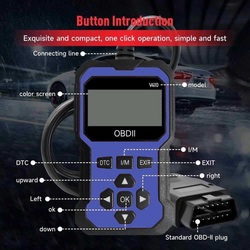 Button layout: DTC, I/M, EXIT, arrow pad and OK, with a standard OBD-II plug