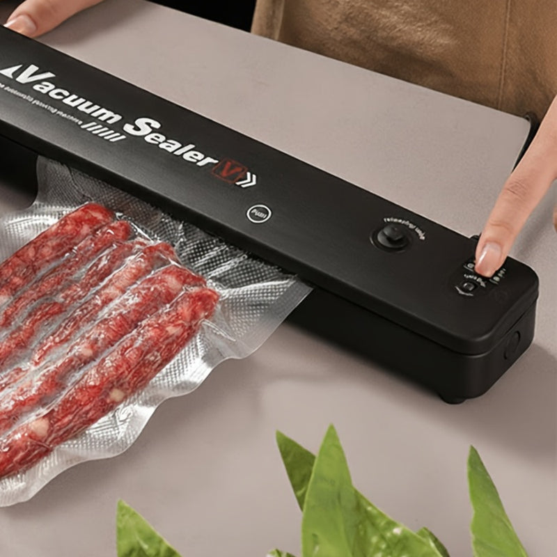 Black vacuum sealing machine sealing a bag of food on a kitchen counter