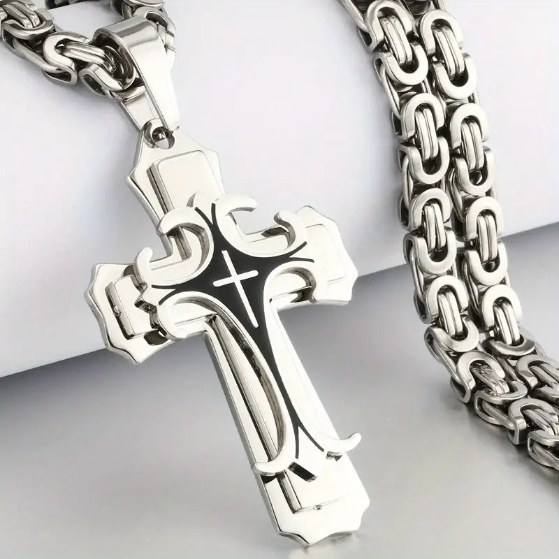 Vintage-Inspired Men's Flat Handmade Cross Pendant Necklace Necklaces Black/Silver - DailySale