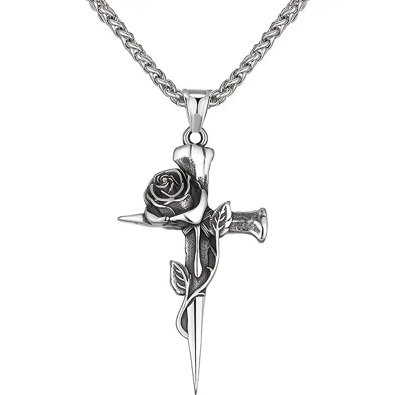 Vintage-Inspired Men's Titanium Steel Pendant Necklace - Unique Keel Chain Design with Cross and Rose Accents Necklaces - DailySale