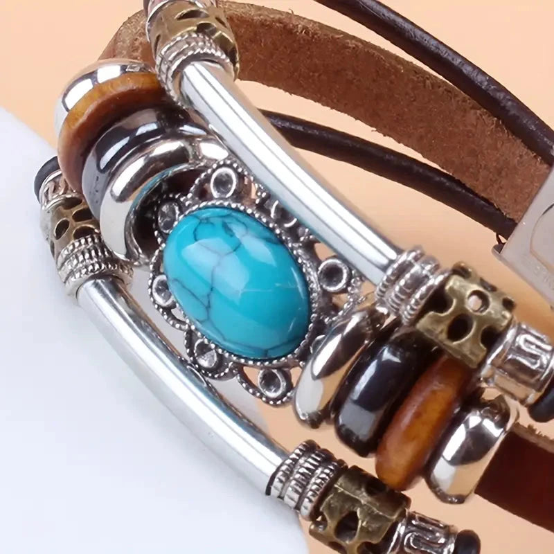 Vintage Style Green Turquoise Beaded PU Leather Stainless Steel Buckle Bracelet Bracelets - DailySale