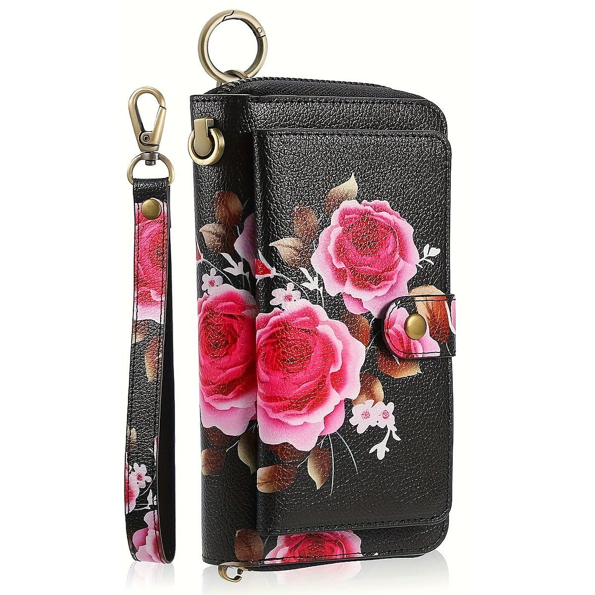 Black floral rose print long wallet with wrist strap and ring