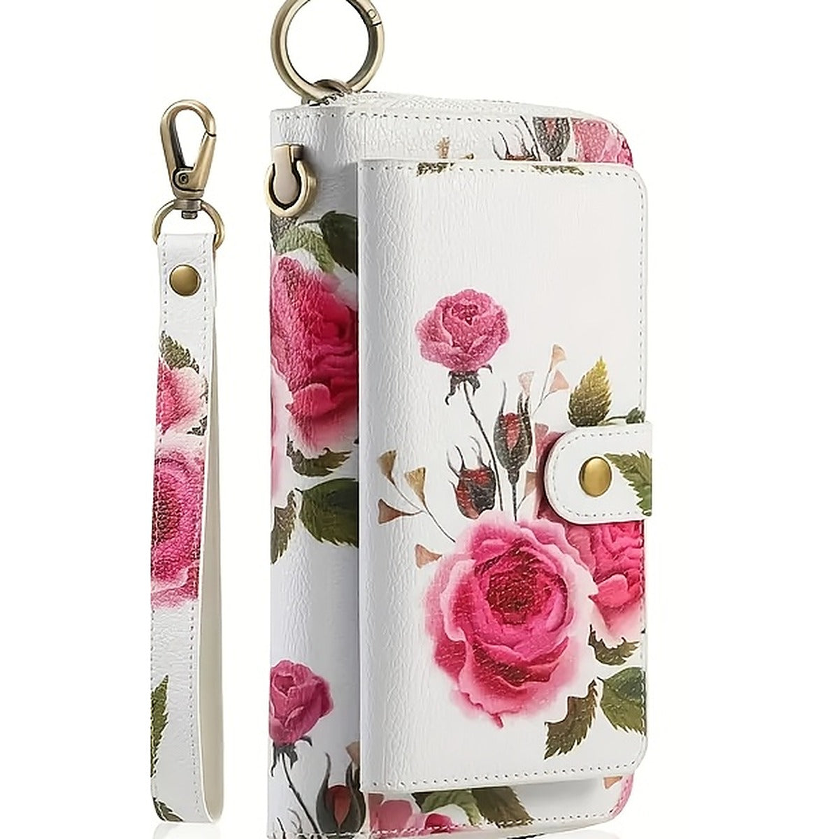 White floral rose print long wallet with wrist strap and ring