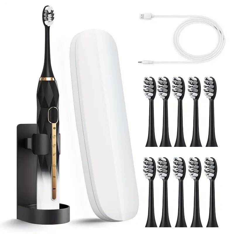 Waterproof USB Rechargeable Electric Toothbrush with 10 Replaceable Toothbrush Heads, Charger and Case Beauty & Personal Care Black/White - DailySale