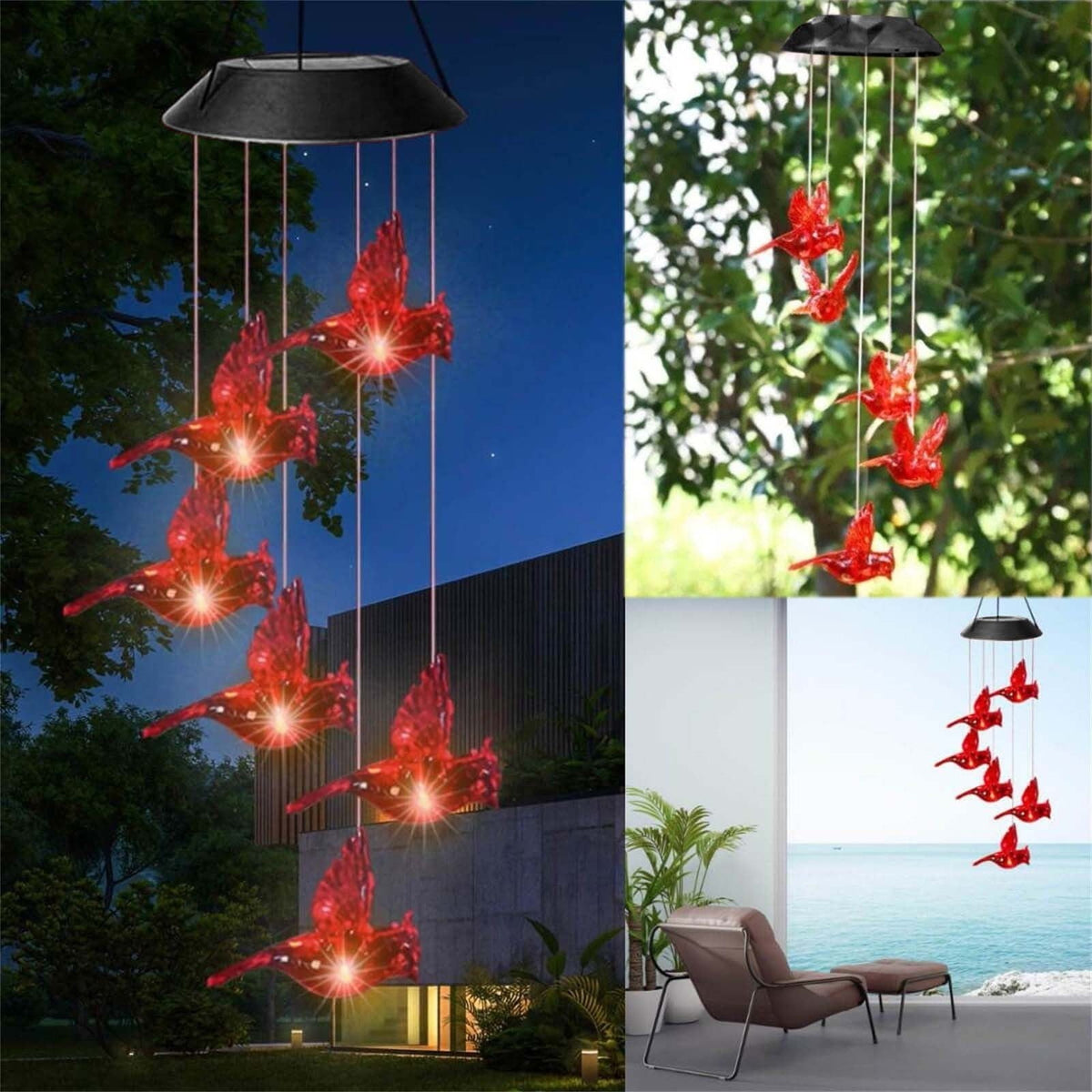 Wind chime hung in a garden, in a tree and on a patio