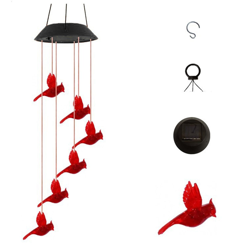 Solar cardinal wind chime with hanging hook, ground stake and solar canopy
