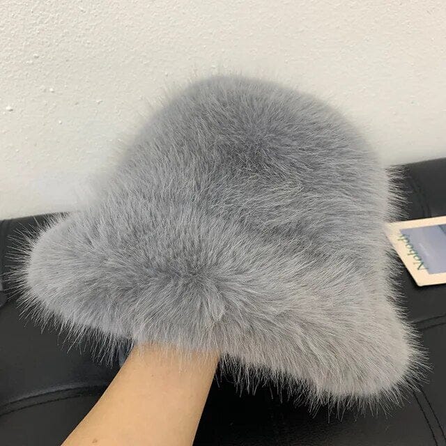 Wide Brim Fluffy Bucket Hat Women's Shoes & Accessories Gray - DailySale