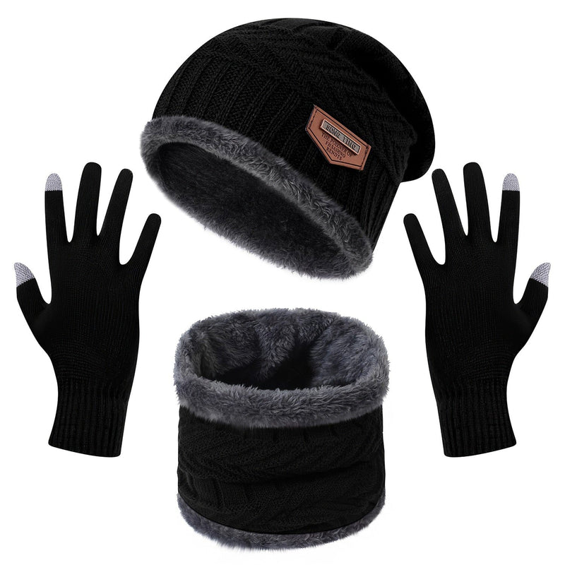Winter Warm Beanie and Touch Screen Gloves Scarfs Set Sports & Outdoors Black - DailySale