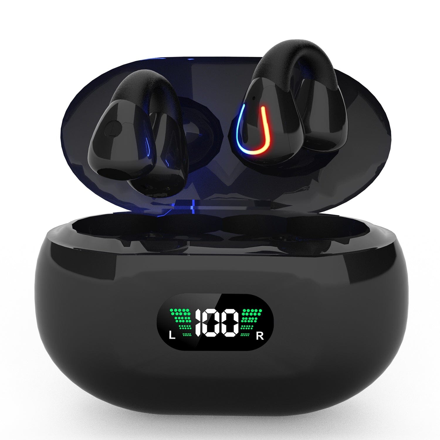 Wireless v5.3 Earbuds Clip-on Open TWS Earphones with Built-in Mic LED Charging Display Case Headphones Black - DailySale