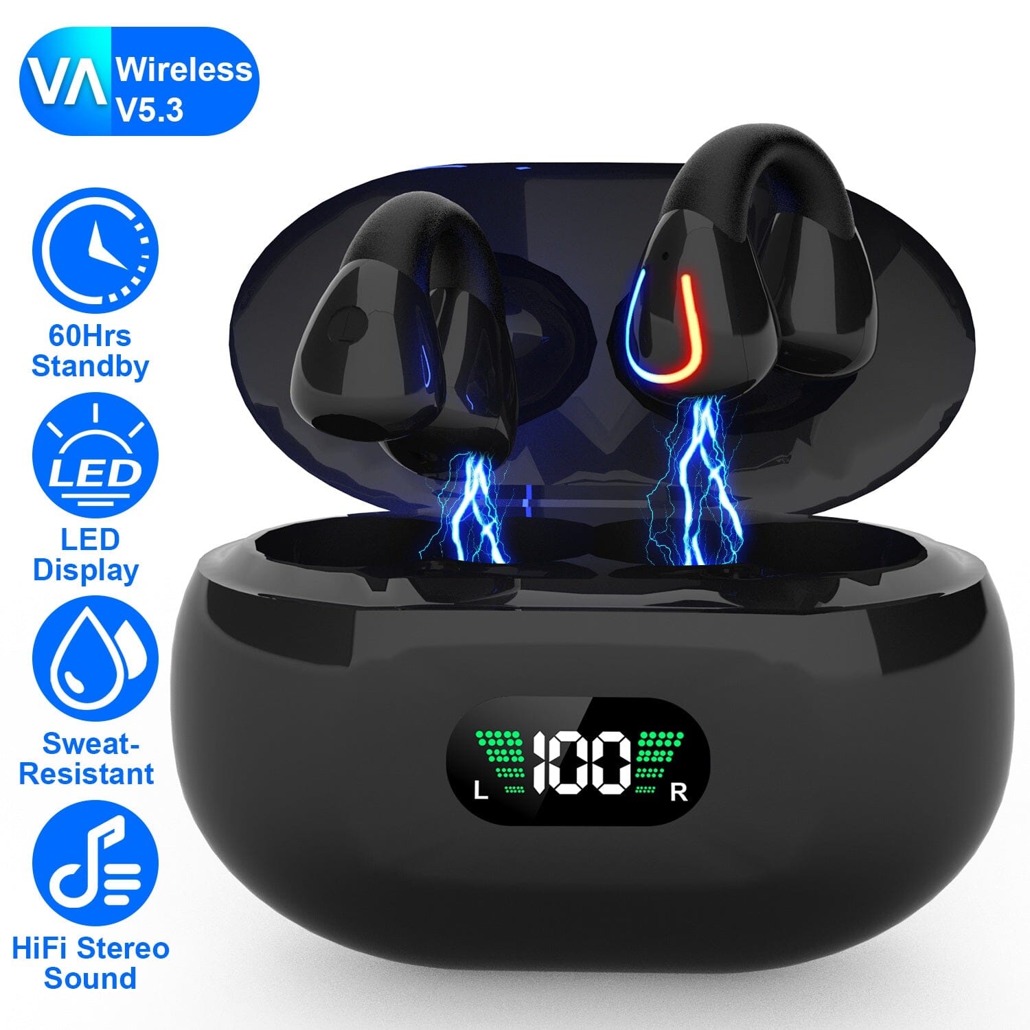 Wireless v5.3 Earbuds Clip-on Open TWS Earphones with Built-in Mic LED Charging Display Case Headphones - DailySale