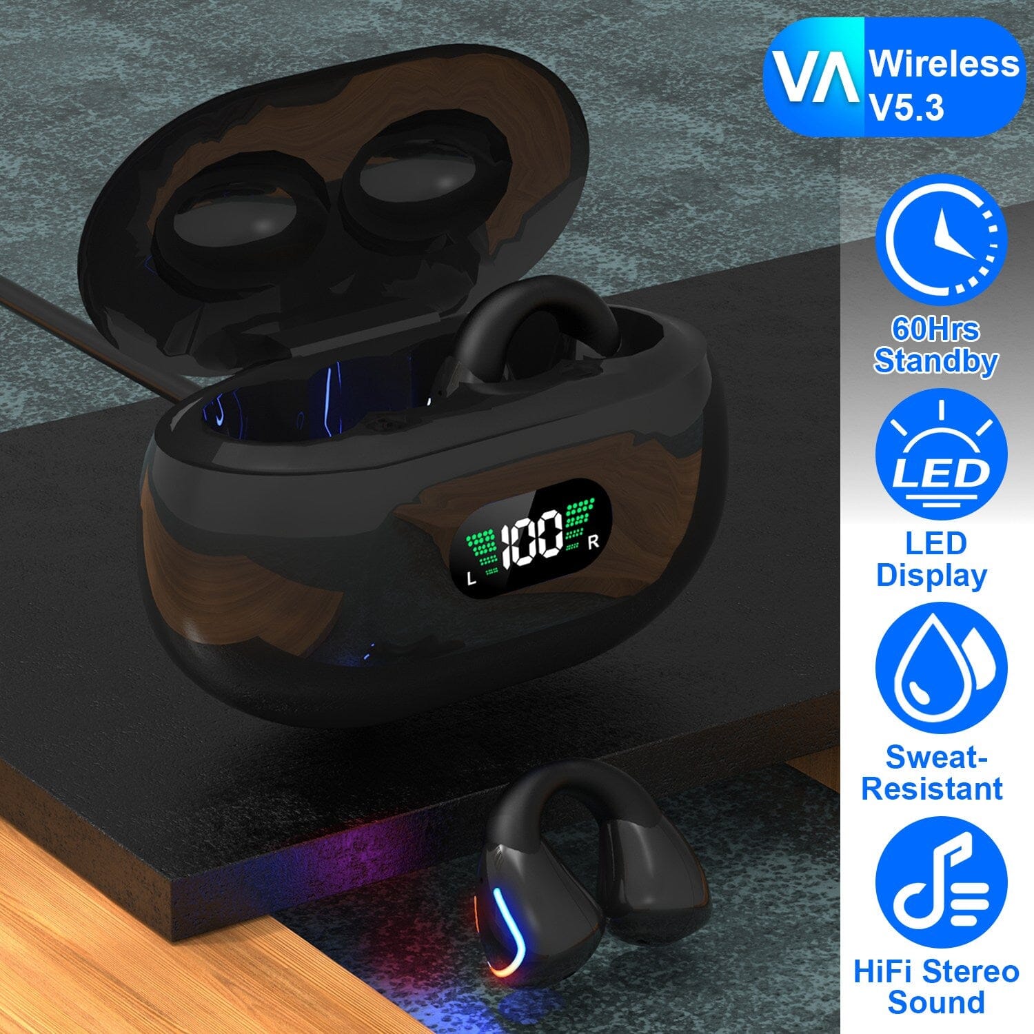 Wireless v5.3 Earbuds Clip-on Open TWS Earphones with Built-in Mic LED Charging Display Case Headphones - DailySale