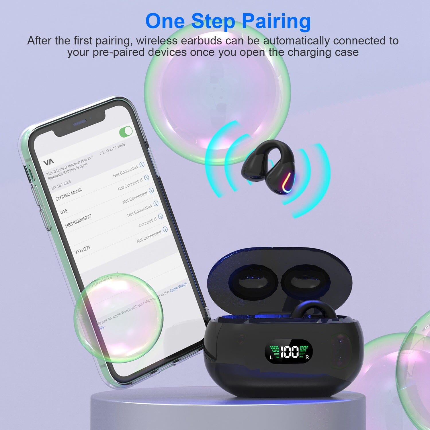 Wireless v5.3 Earbuds Clip-on Open TWS Earphones with Built-in Mic LED Charging Display Case Headphones - DailySale