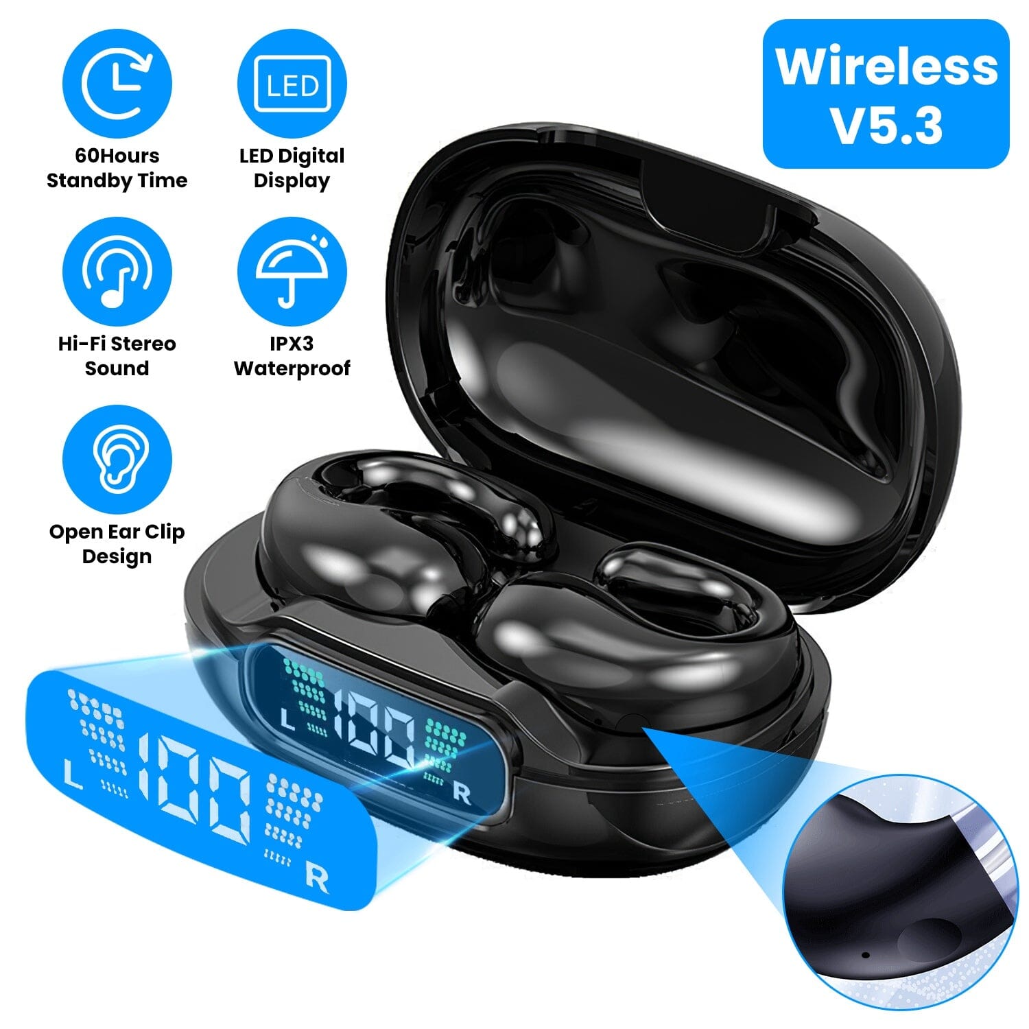 Wireless V5.3 Open Ear Clip Earbuds IPX3 Waterproof Ultra Open Earbuds with LED Display Headphones - DailySale