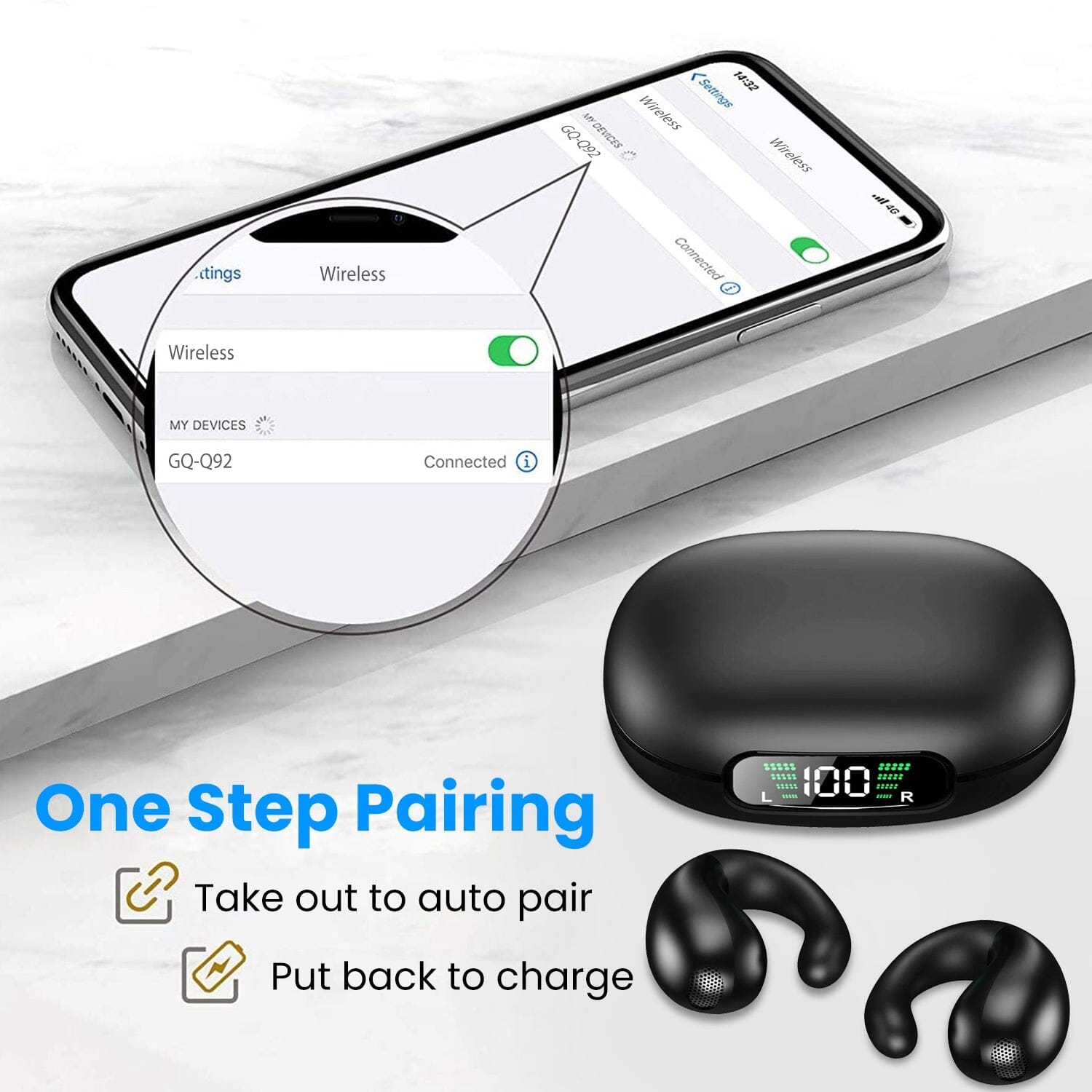 Wireless V5.3 Open Ear Clip Earbuds IPX3 Waterproof Ultra Open Earbuds with LED Display Headphones - DailySale