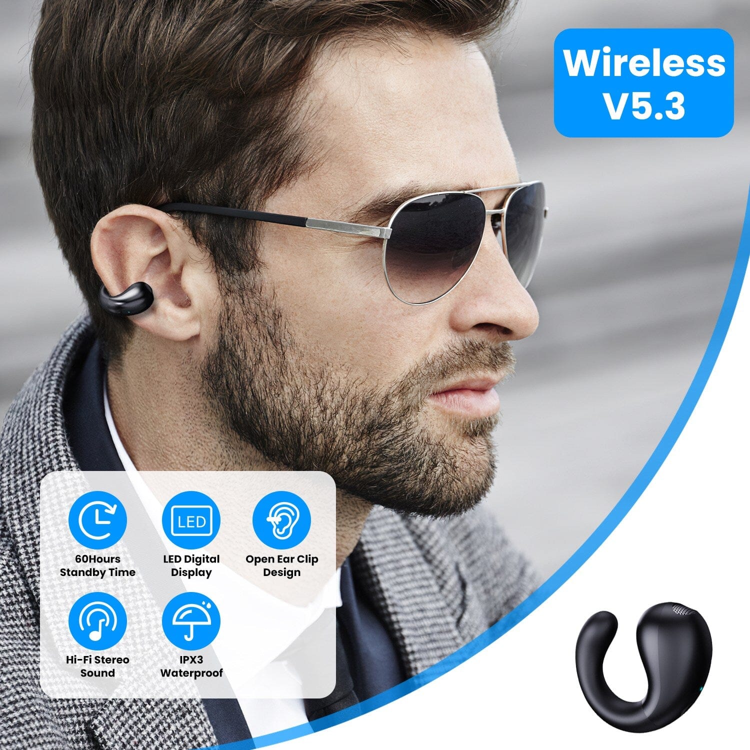 Wireless V5.3 Open Ear Clip Earbuds IPX3 Waterproof Ultra Open Earbuds with LED Display Headphones - DailySale