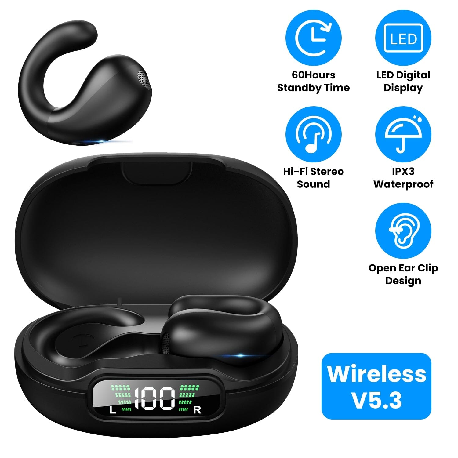 Wireless V5.3 Open Ear Clip Earbuds IPX3 Waterproof Ultra Open Earbuds with LED Display Headphones - DailySale