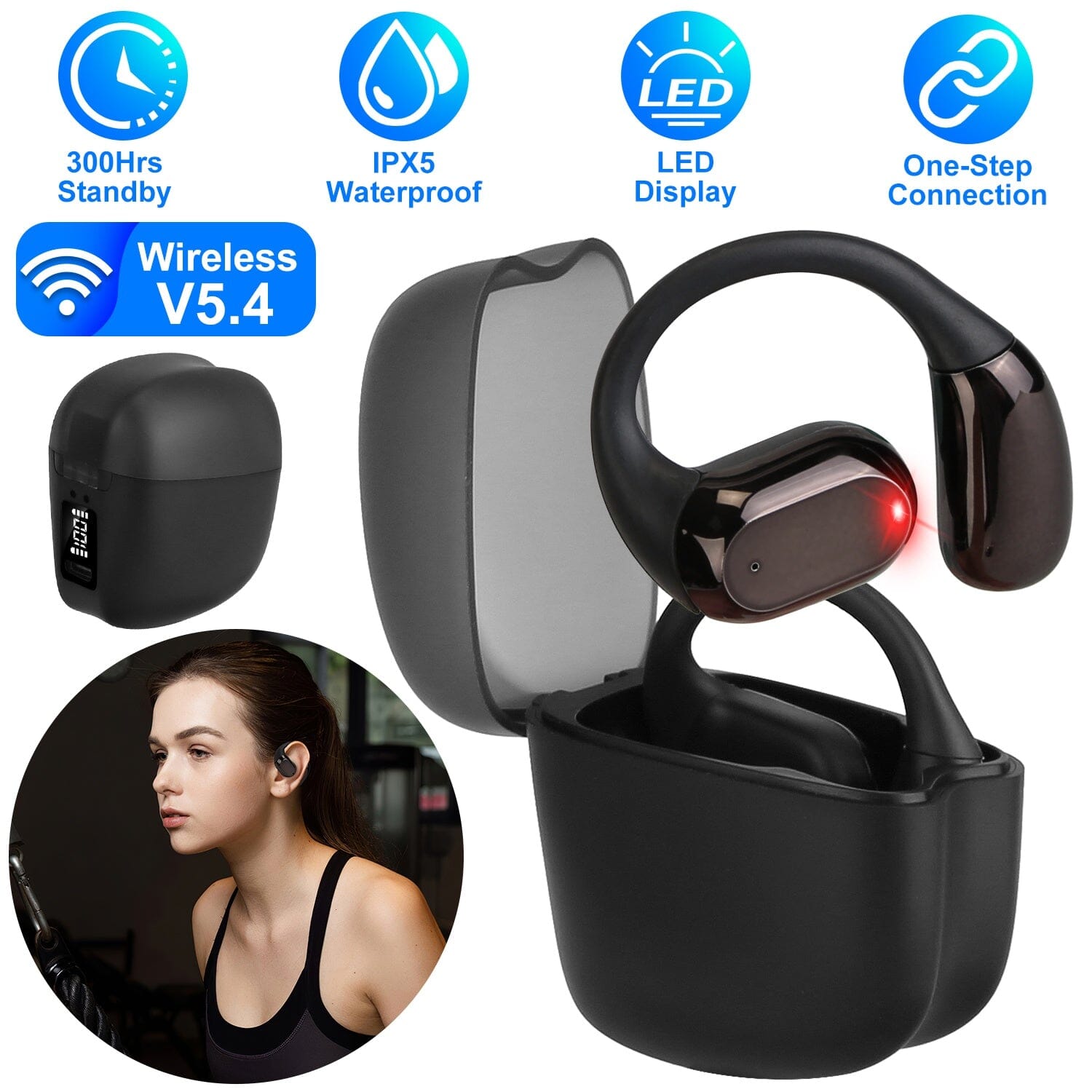 Wireless V5.4 Open Ear Earbuds with Earhook LED Display Charging Case Headphones - DailySale