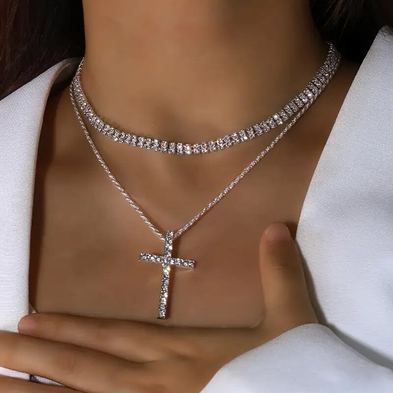 Women's Double Layer Artificial Crystal Cross Pendant Necklace Necklaces - DailySale