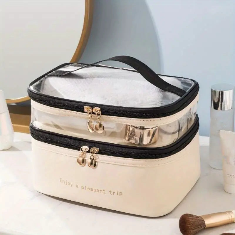 Women's Double Layer Makeup Bag Bags & Travel Beige - DailySale