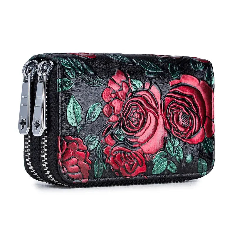 Women's Floral Faux Leather Double Zipper Card Holder and Coin Purse Women's Shoes & Accessories Red - DailySale