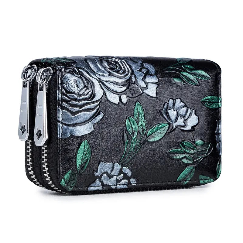 Women's Floral Faux Leather Double Zipper Card Holder and Coin Purse Women's Shoes & Accessories Silver - DailySale